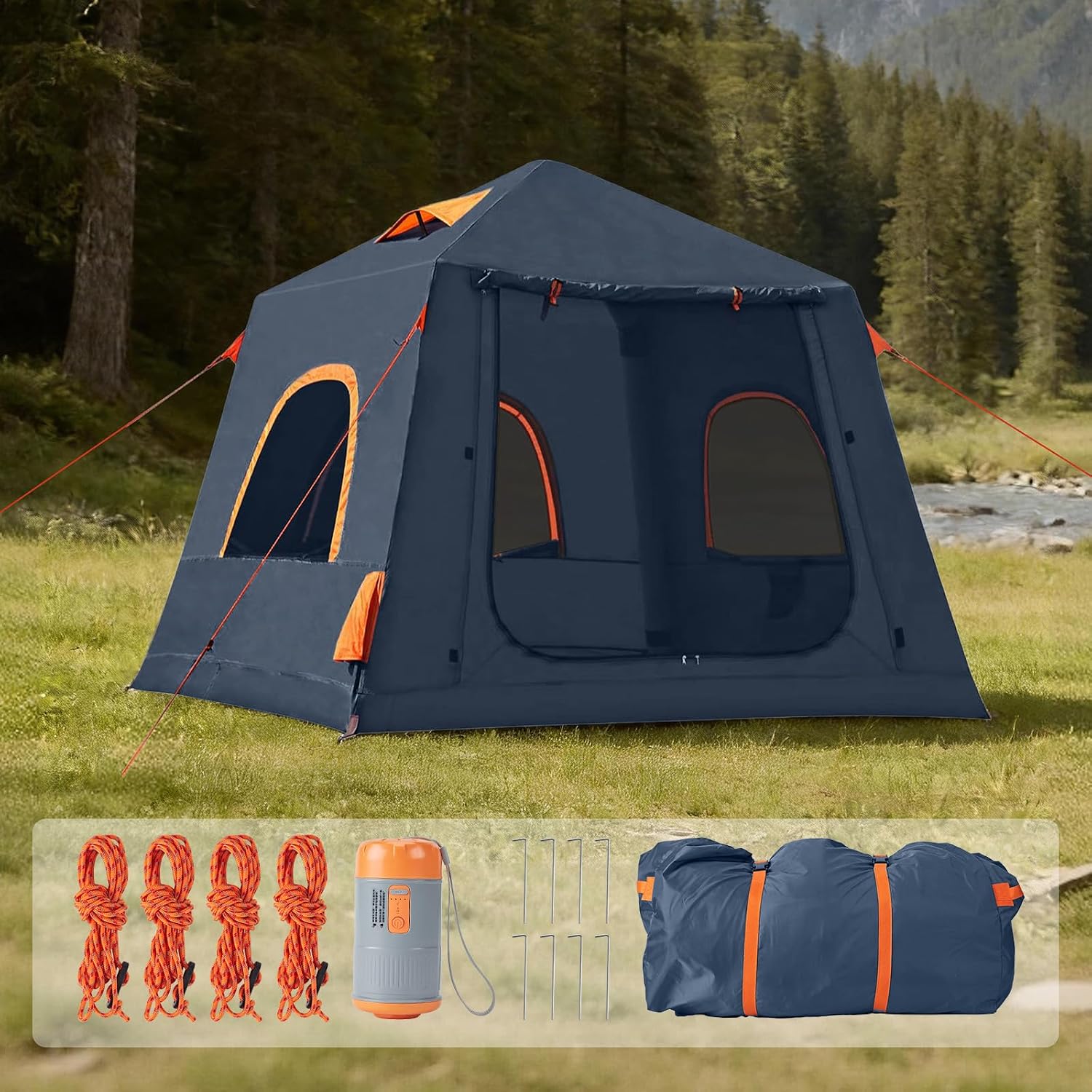 2-3 Person Inflatable Camping Tent, Waterproof Blow Up Tent with Electric Air Pump for Easy Inflation Setup, Portable Outdoor Glamping Tent for Adults Camping & Hiking